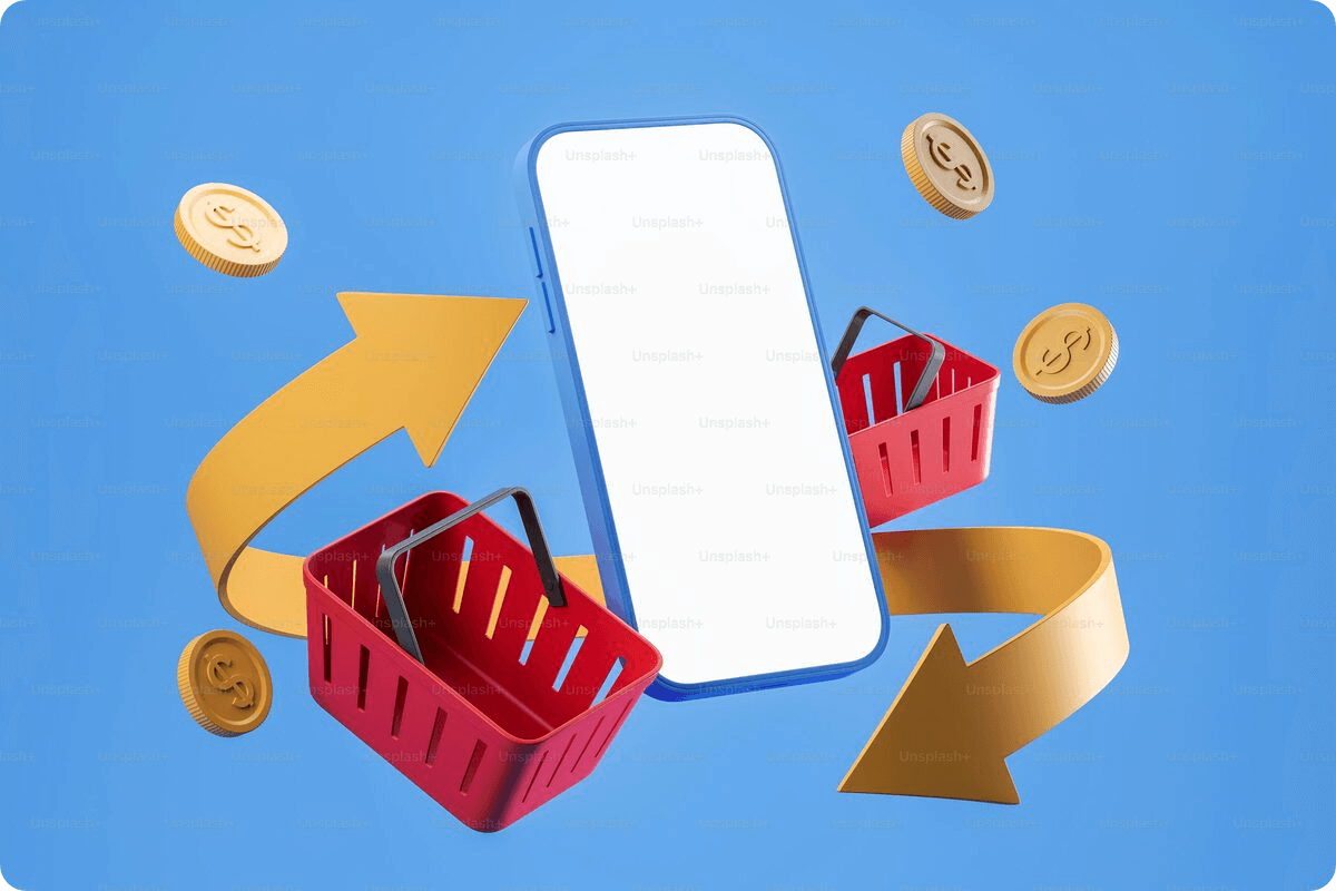 A tilted ico of mobile with arrows signifying refund and return