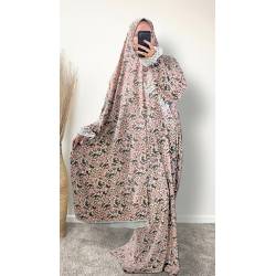 Perfect Gift  One Size Only (52" - 64") fits UK sizes 8 to 24.  62-64”/160cm- Standard Length: The dress is designed to be long enough to cover your feet while praying Salah. If you would like to adjust the length, please click on the 'Tailored Length' option and specify your preferred length in the 'Order Notes' section at checkout, or email us, and we will confirm the change via email. You can refer to the size chart below to help you determine the suitable length  83cm - Width of dress : This refers to one side of the dress when laid flat, making the full circumference approximately 166cm. The dress is intentionally designed to be wide and oversized for a modest, full-coverage fit.  75cm - Sleeve length (from wrist to shoulder) Hijab Measurements: 210 cm (Length) x 60 cm (Width) Optional: You can choose to have the hijab attached or separate from the abaya Attached Hijab: The hijab will be attached with the short side on the right allowing the long side to be wrapped with your left hand.&nbsp; If you prefer a right - handed wrapping arrangement, please add a note in the 'Order notes' section at checkout, or email us, and we will confirm the change via email. You must notify me within 24 hours before I proceed with sewing the custom attachment. Invisible side pockets Elastic cuff finished  Lace finish on the cuff and hijab&nbsp;  Material - Polyester Crepe Colour - Pink