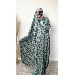 Perfect Gift  One Size Only (52" - 64") fits UK sizes 8 to 24.  62-64”/160cm- Standard Length: The dress is designed to be long enough to cover your feet while praying Salah. If you would like to adjust the length, please click on the 'Tailored Length' option and specify your preferred length in the 'Order Notes' section at checkout, or email us, and we will confirm the change via email. You can refer to the size chart below to help you determine the suitable length  83cm - Width of dress : This refers to one side of the dress when laid flat, making the full circumference approximately 166cm. The dress is intentionally designed to be wide and oversized for a modest, full-coverage fit.  75cm - Sleeve length (from wrist to shoulder) Hijab Measurements: 210 cm (Length) x 60 cm (Width) Optional: You can choose to have the hijab attached or separate from the abaya Attached Hijab: The hijab will be attached with the short side on the right allowing the long side to be wrapped with your left hand.  If you prefer a right - handed wrapping arrangement, please add a note in the 'Order notes' section at checkout, or email us, and we will confirm the change via email. You must notify me within 24 hours before I proceed with sewing the custom attachment. Invisible side pockets  Elastic cuff finished  Material - Bubble Crepe Colour - Mint