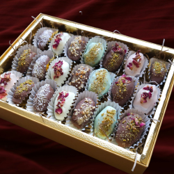 Pistachio Kunafa stuffed chocolate Medjool dates for eid and ramadan