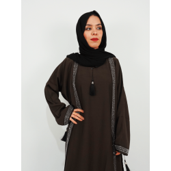 Perfect Gift Elegant Blue Open Abayaintricate silver embellishmentsFabric: Zoom and Korean nidalength: 170cm Elevate your modest fashion with this sophisticated Blue Open Abaya, featuring a graceful silhouette with silver embellishments along the neckline and cuffs. The contrast white cuff detailing adds a touch of elegance, while the tassel accents bring a chic, modern vibe. Designed for versatility and comfort, this abaya comes with a matching waist belt, allowing you to wear it open for a layered look or cinched for a structured fit. Crafted from premium lightweight fabric, it drapes beautifully, ideal for everyday elegance or special occasions. Whether dressing up or keeping it casual, this abaya is the perfect blend of luxury and sophistication. Size chart: Chest : Measure under your arms, around the fullest part of the your chest.Waist : Measure around your natural waistline, keeping the tape a bit loose.Hips : Measure around the fullest part of your body at the top of your leg. SIZENUMERIC SIZELENGTHS54160-170M56160-170L58160-170