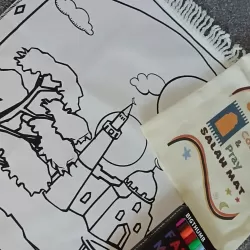 Perfect Gift  Introducing our Colour and Pray Salah mat set.  Lovely fun and unique colour and pray kit for children Let Children add their own personal touch to their Salah Prayer mats, whether a budding artist or just some wonderfully relaxing colouring fun.  The prayer mat, made from high quality 16oz Cotton Canvas will make the perfect gift for children.  A creative and therapeutic activity allowing them to express themselves in a  creative way and make something that they can use everyday. Also establishing the importance of Salah and prayer, comes with a handy canvas bag so children can store and carry around conveniently, whether at home or out and about Bring out the artist in them! Choose from 2 unique designs whether a super fun space design or a tranquil waterfall scene allow your child to add their own stamp onto their mat, allow to dry and then Mat is ready to use. 20 assorted colour fabric markers are included in your kit along with a canvas bag to store their prayer mat in. Prayer mat is approximately 90cm x 48cm Set includes: Prayer mat : approx - 90cm x 48cm Pack of 20 High Quality Fabric Pens 1 x Canvas bag A perfect gift for any child and a great addition ith The Masjid Playhouse to create the ultimate Salah and Prayer experience